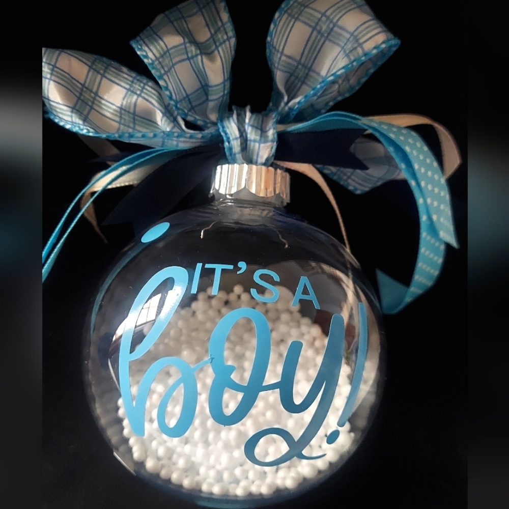 🆕 It's A Boy! White Puff Balls in a Plastic Bulb and White Stand, NEW
